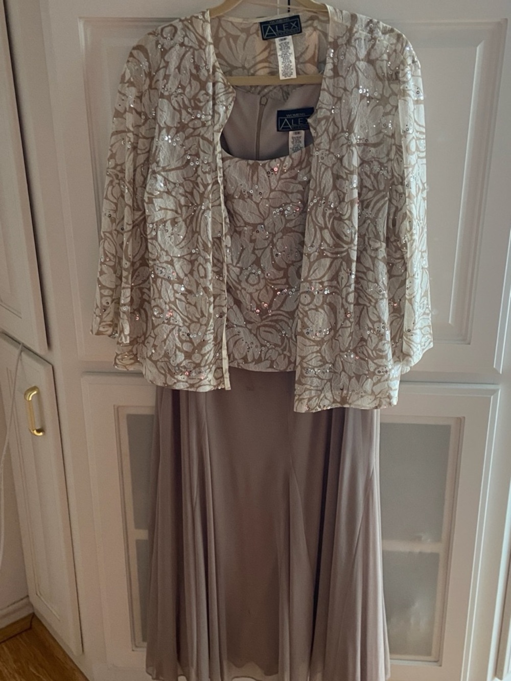 Alex Evenings Taupe Maxi Skirt with Ivory Sequin Jacket